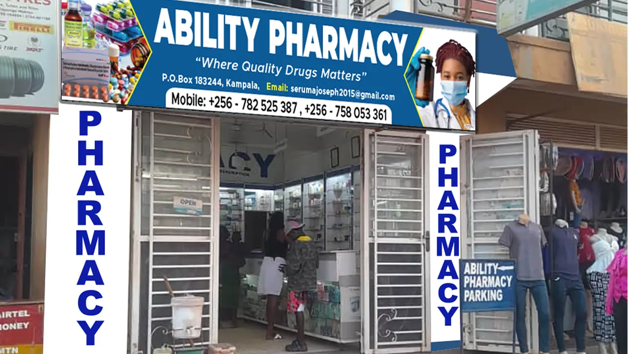 Ability Pharmacy storefront light box signage and wall branding by Kamog Artistry (U) Ltd