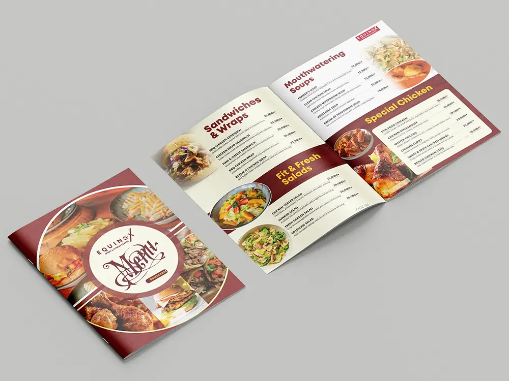 Equinox printed menu cover and inside spread mockup