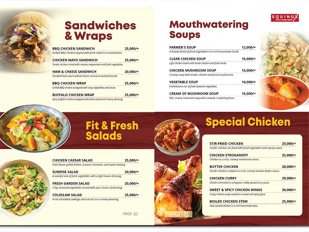 Equinox sandwiches salads soups and chicken menu spread