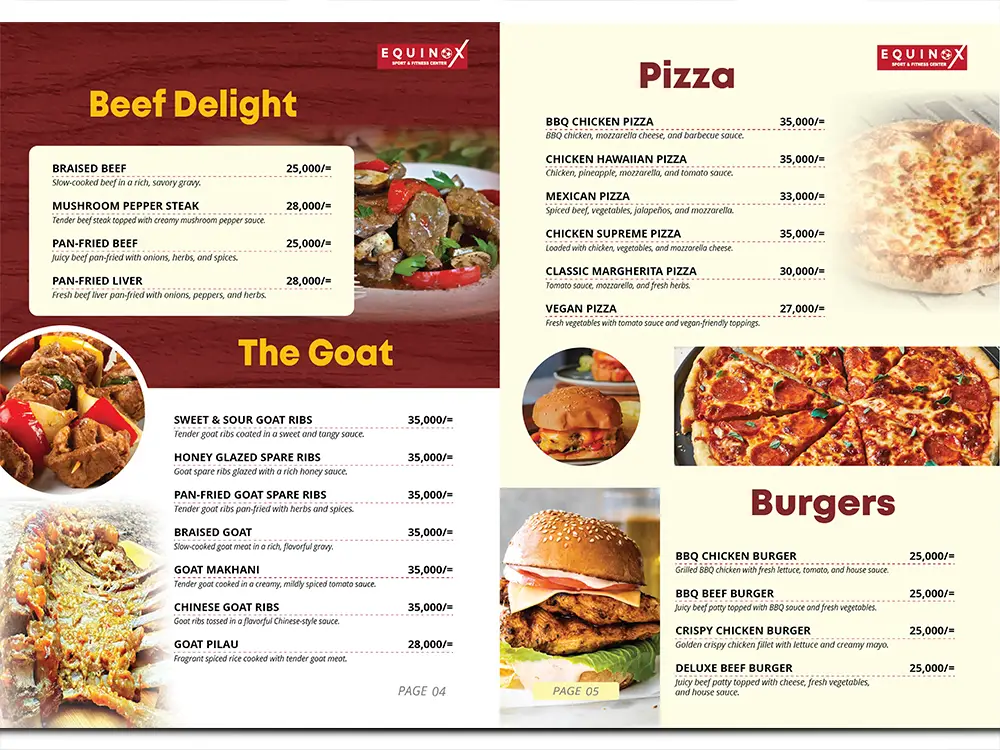 Equinox beef goat pizza and burgers menu spread