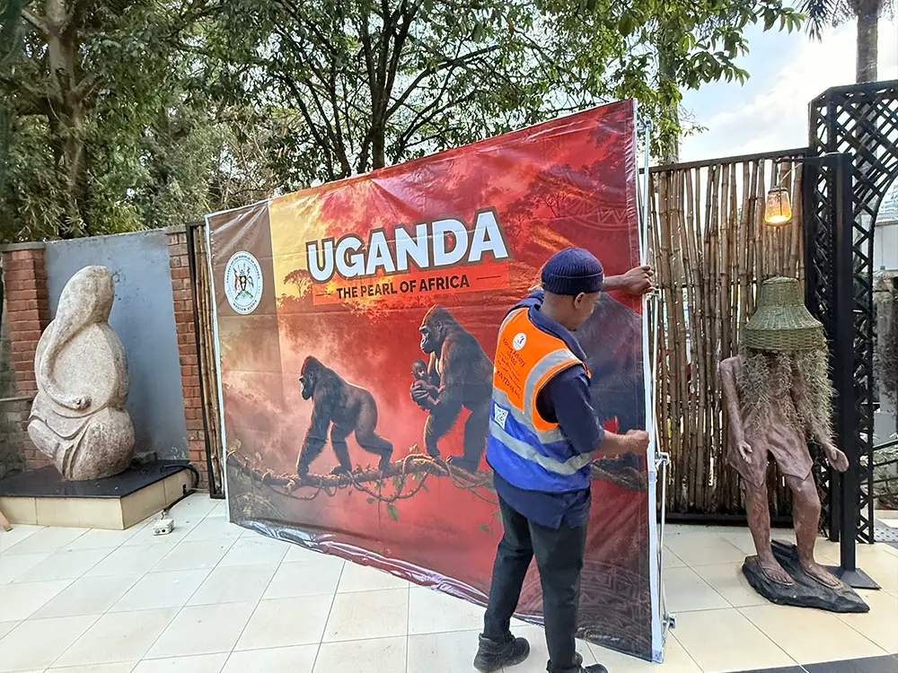 Feliz Tropical Safaris international tourism event branding, backdrop printing and same-day installation at The Lawns in Kololo by Kamog Artistry