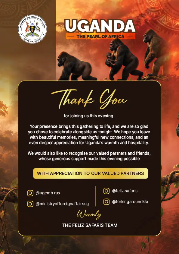 Final A5 guest appreciation place-card design created for the Feliz Tropical Safaris international tourism reception