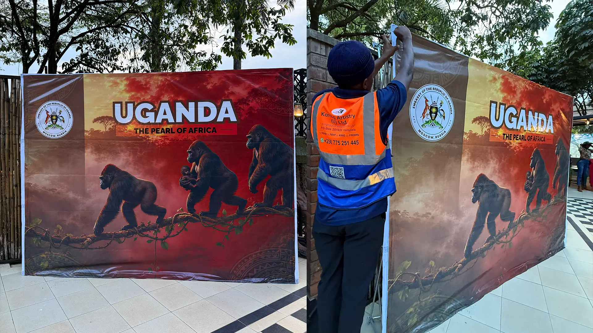 Feliz Tropical Safaris international tourism event backdrop design, printing and same-day installation at The Lawns in Kololo