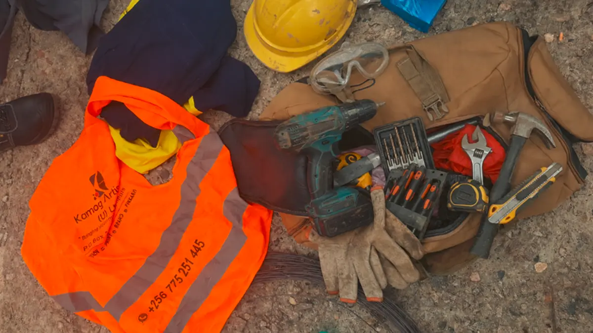 PPE and field tools prepared for the signage installation routes at Installation preparation • Kampala for the Goodwill and Crown Crane rollout