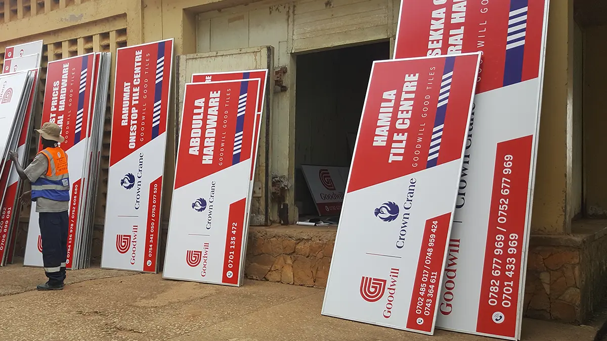 Completed framed signage lined up for the different routes at Central Uganda rollout for the Goodwill and Crown Crane rollout