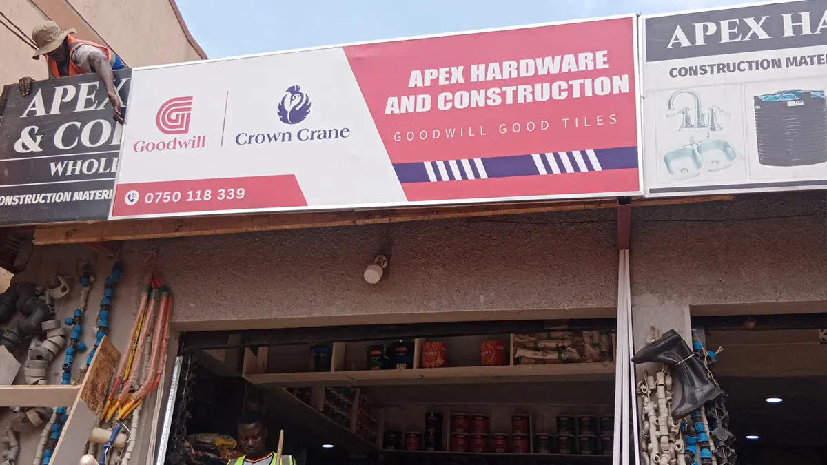 Completed Goodwill and Crown Crane frontage at Apex Hardware • Namuwongo for the Goodwill and Crown Crane rollout