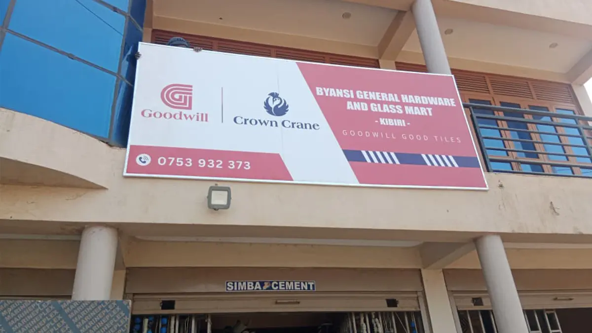 One of two frames installed at the first hardware at Byansi General Hardware • Kibiri for the Goodwill and Crown Crane rollout
