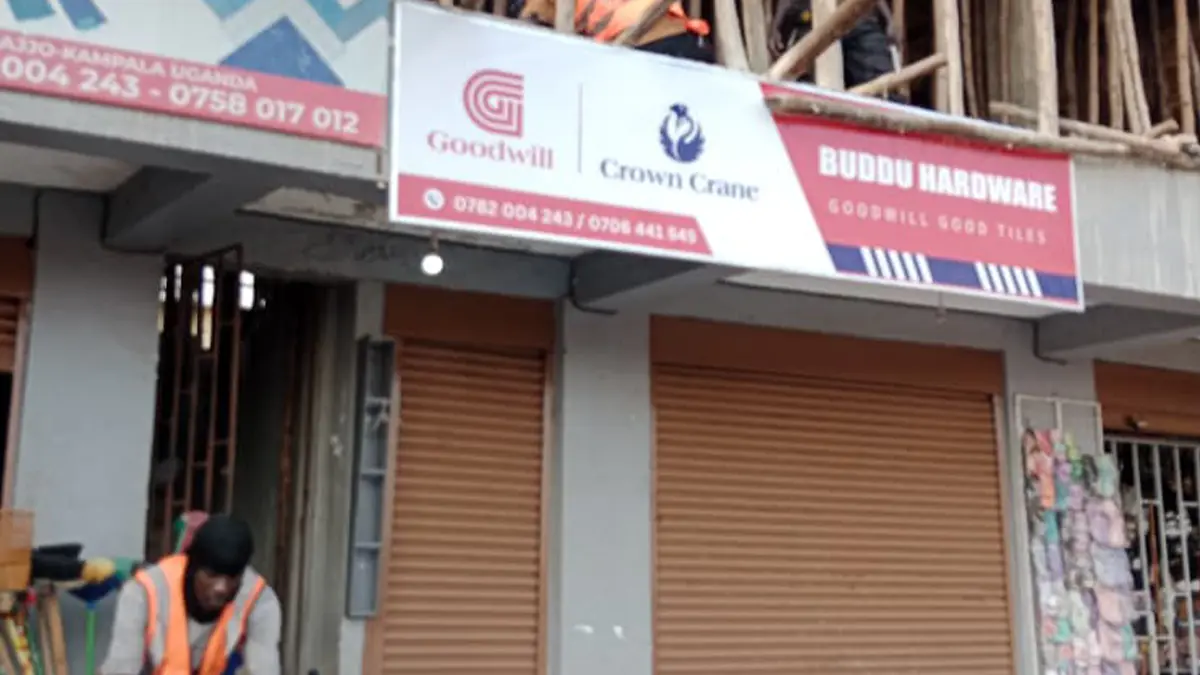 Completed Crown Crane frontage at Buddu Hardware • Kikajjo for the Goodwill and Crown Crane rollout