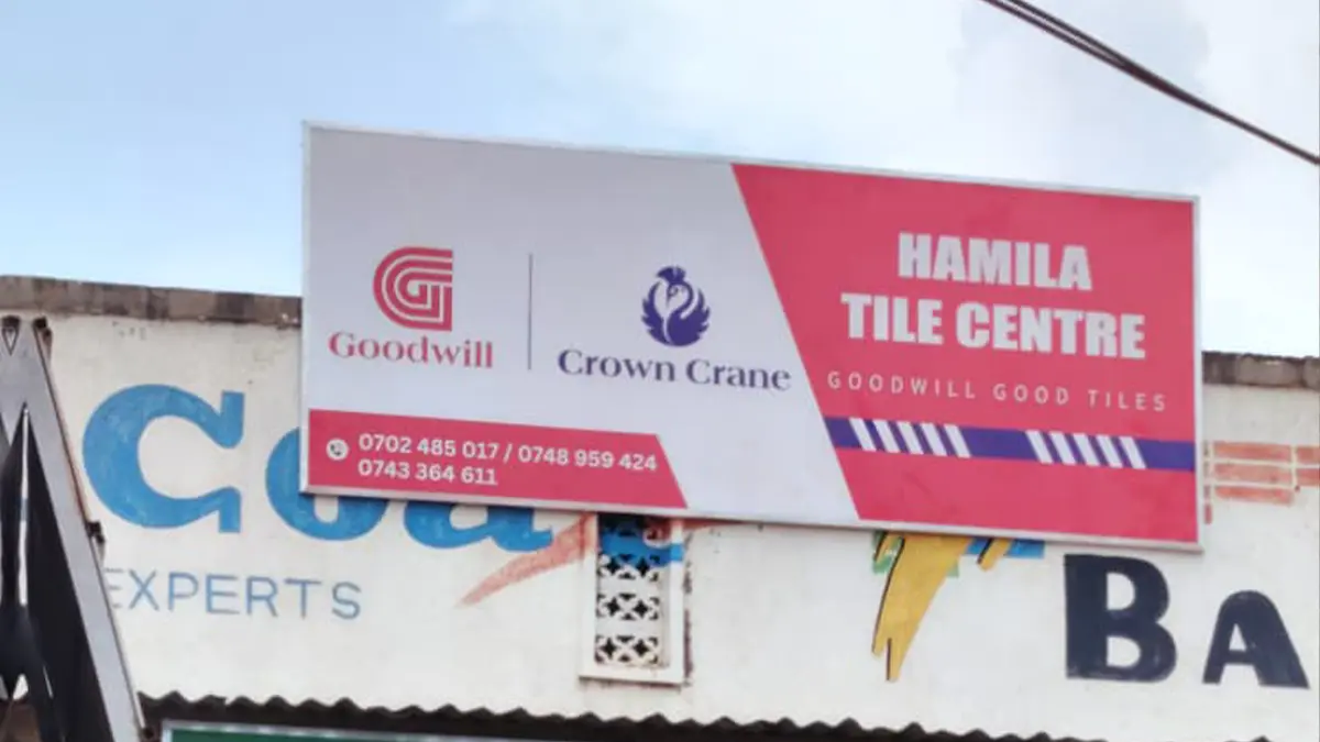 Installed Goodwill and Crown Crane signage at Hamila Tile Centre • Kalagi for the Goodwill and Crown Crane rollout