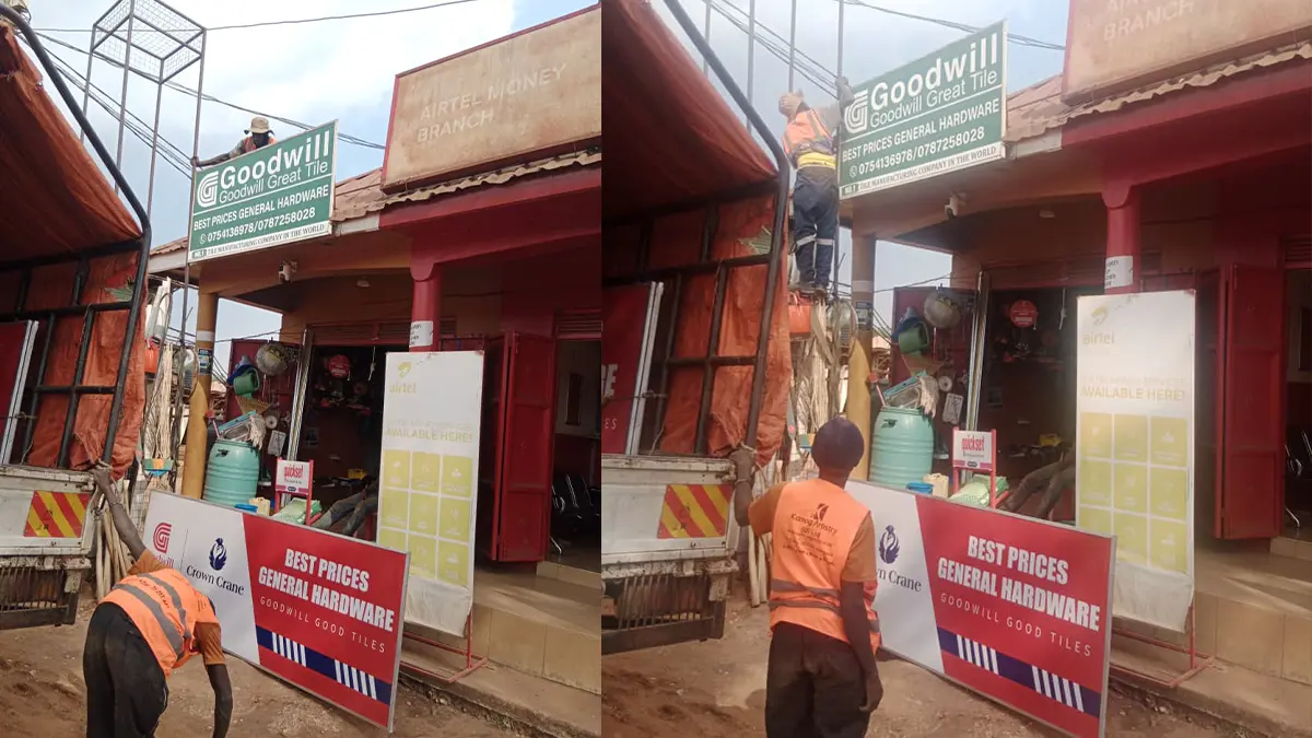 Existing signage removed for the new framed face at Best Prices General Hardware • Kikubampanga for the Goodwill and Crown Crane rollout