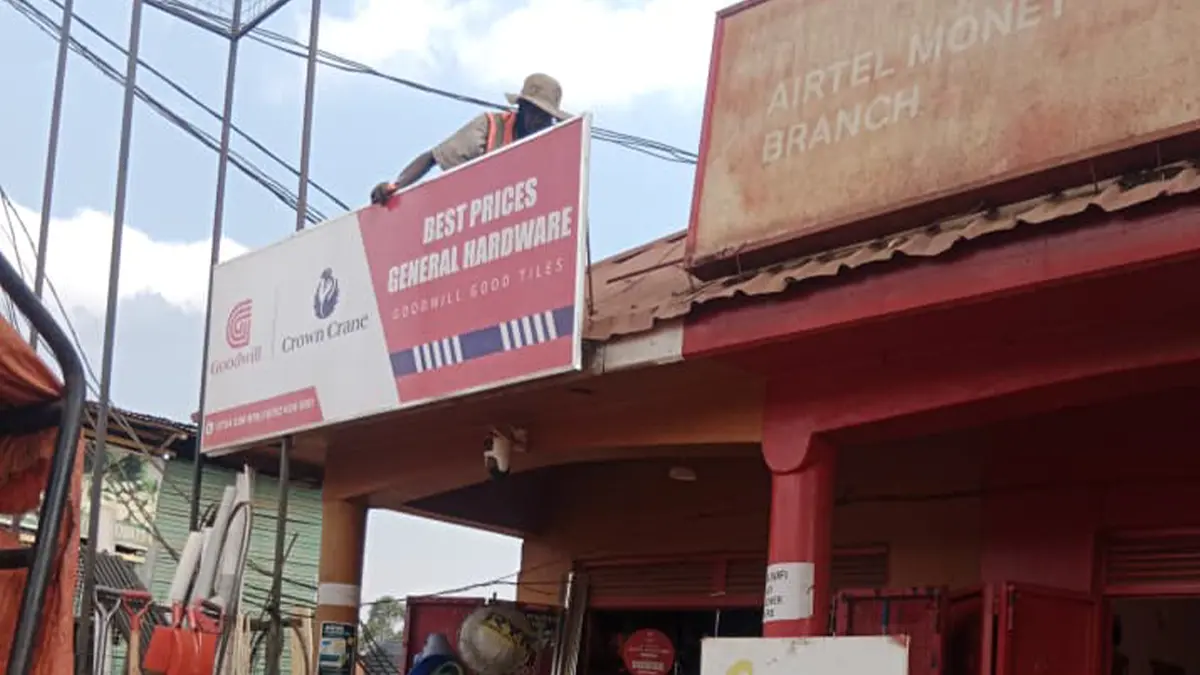 First sign during mounting at Best Prices General Hardware • Kikubampanga for the Goodwill and Crown Crane rollout