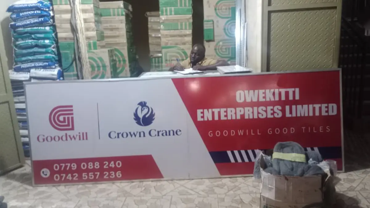 Completed Crown Crane hardware signage at Owekitti Enterprises • Bulaga–Bulenga for the Goodwill and Crown Crane rollout