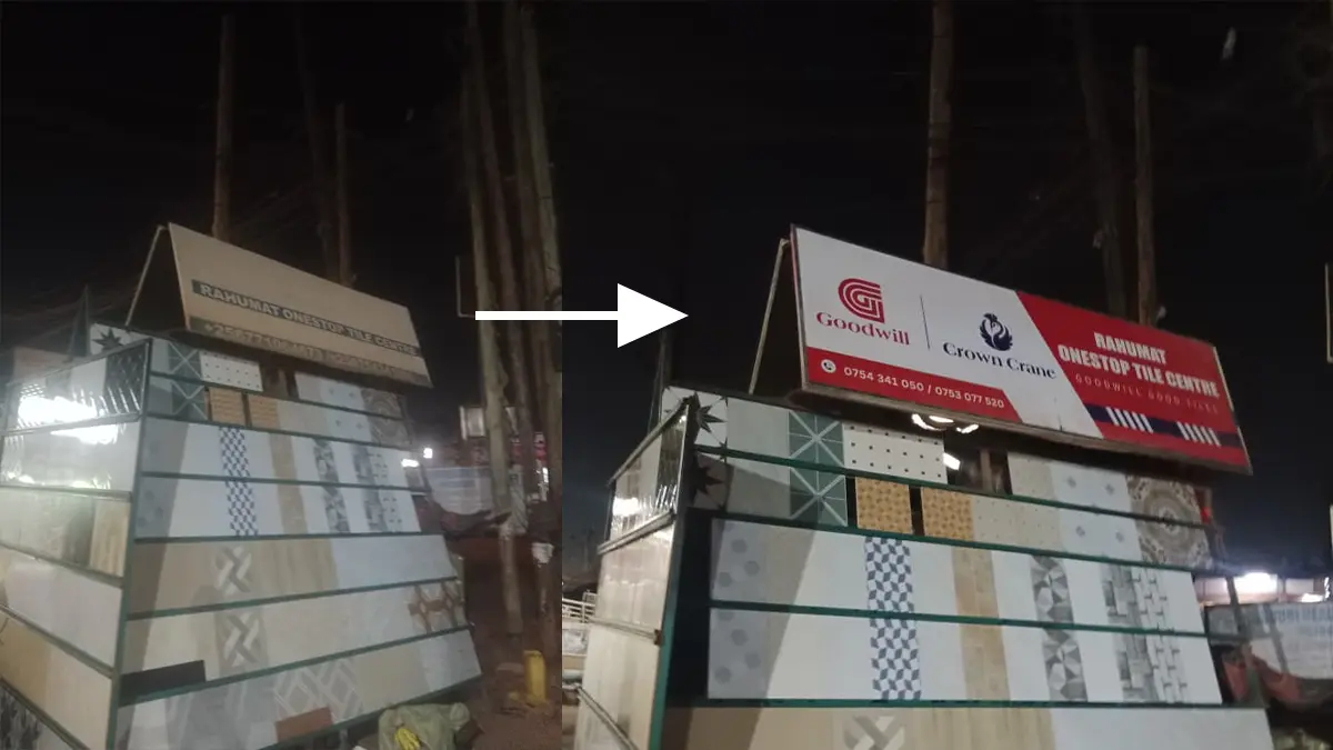 Before-and-after record for the paired signs at Rahumat One Stop Tile Centre • Nalukolongo for the Goodwill and Crown Crane rollout