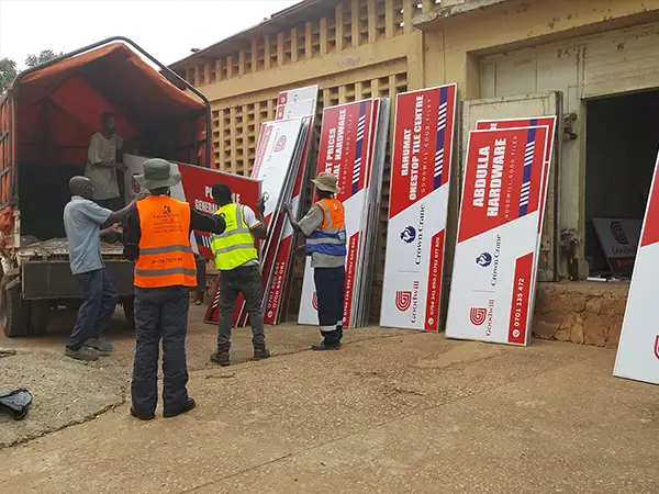 Goodwill and Crown Crane framed hardware signage installed across Kampala, Mukono, Wakiso and multiple Central Uganda routes