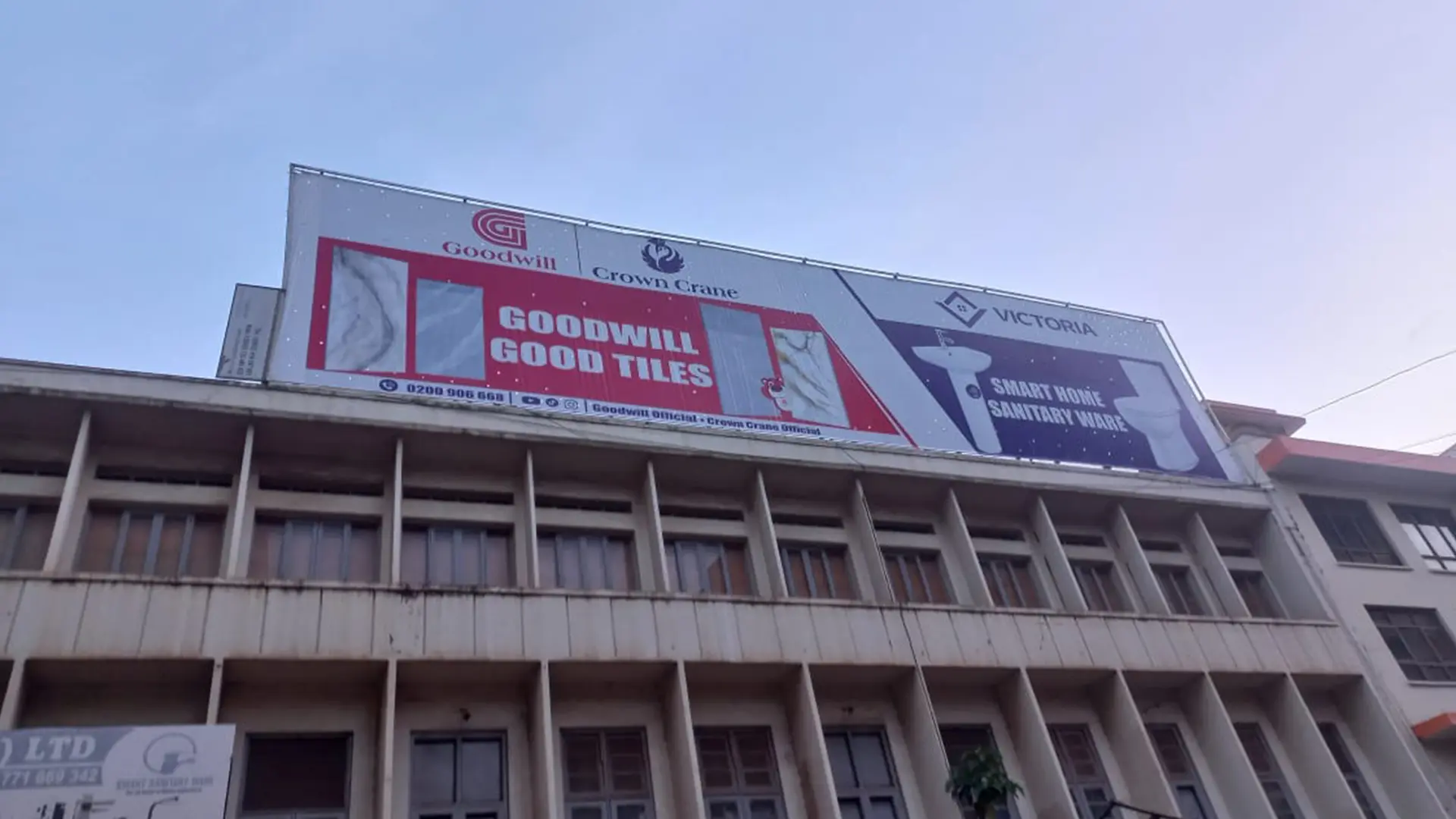 Goodwill Ceramics 20 m by 5 m rooftop billboard installation in Nakasero, Kampala by Kamog Artistry (U) Ltd