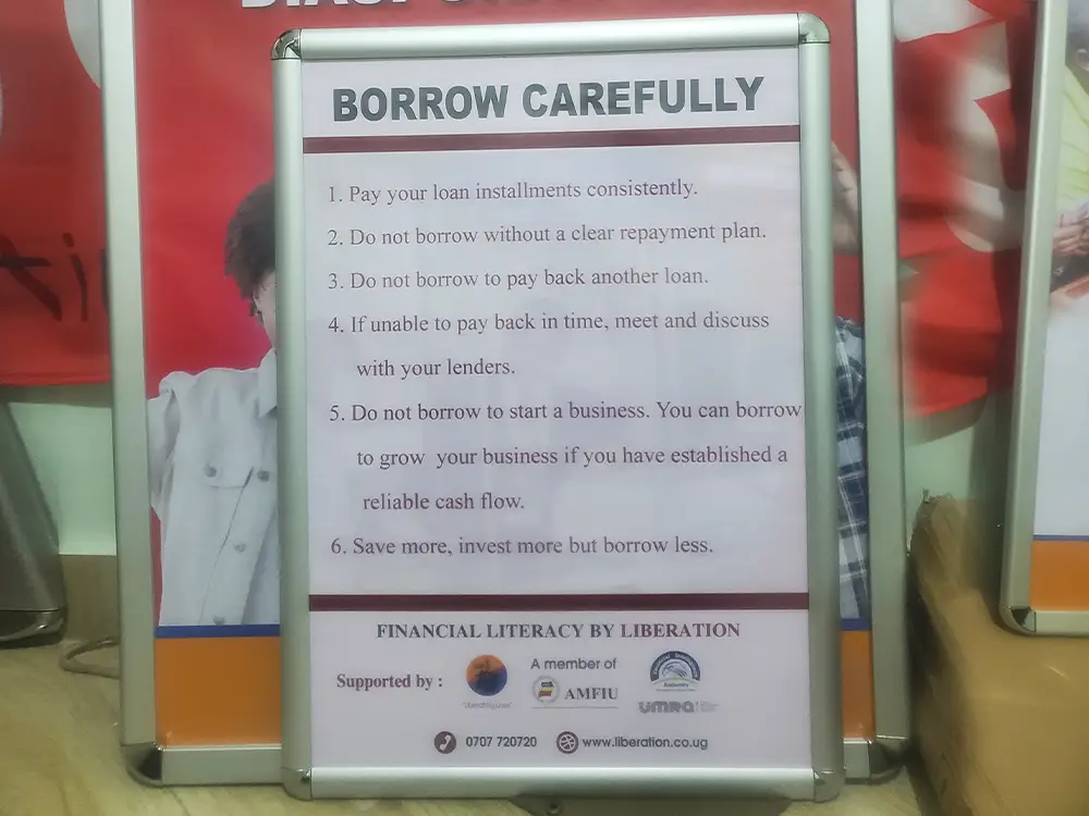 Borrow Carefully financial literacy snapper frame produced for customer education inside the branch environment.