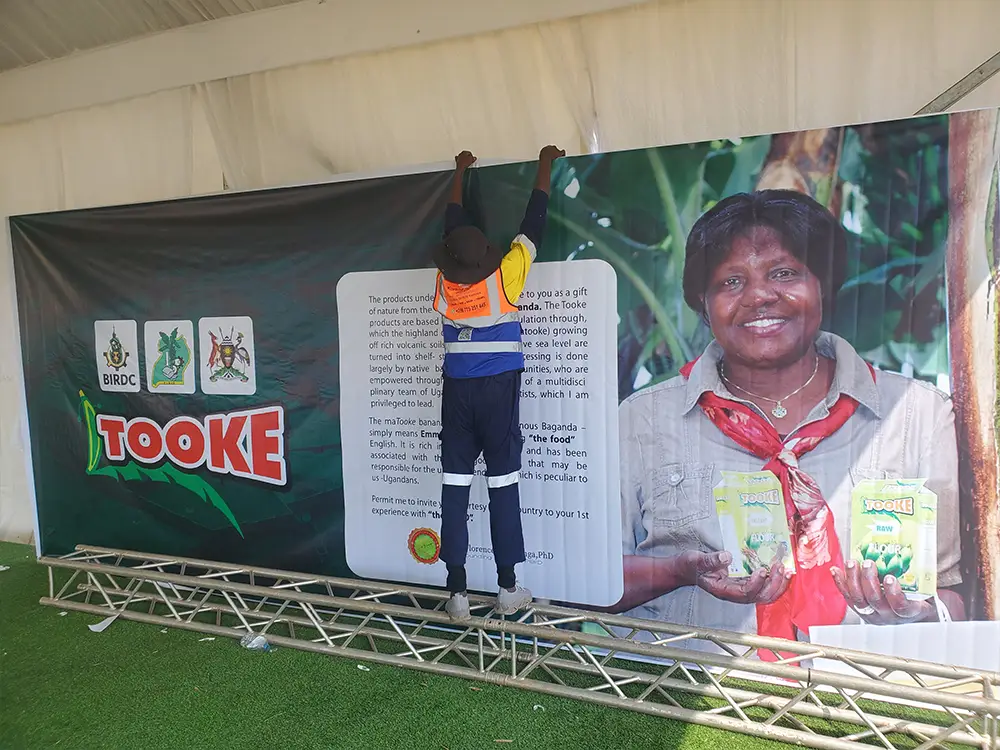 VIP tent branding setup — In-progress view showing the branding work.