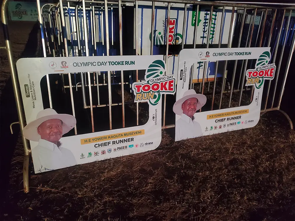 H.E Y.K Museveni Chief Runner Selfie frames delivered on site — Branded photo frames prepared for public interaction, event photos and social visibility.