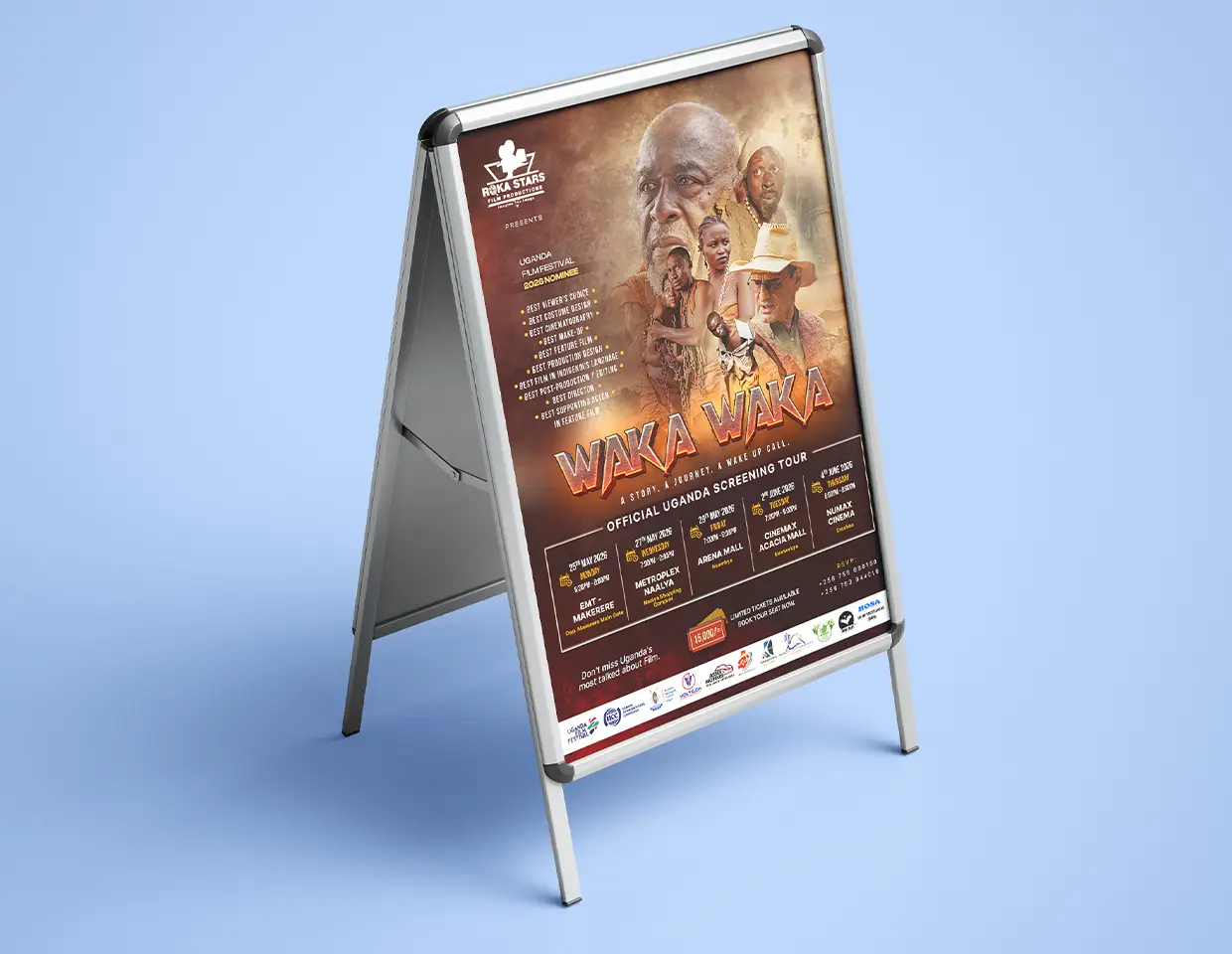 Waka Waka A-frame sidewalk movie poster mockup