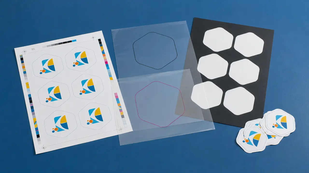 Production artwork layers showing print artwork, contour cut path, dieline and white ink separation