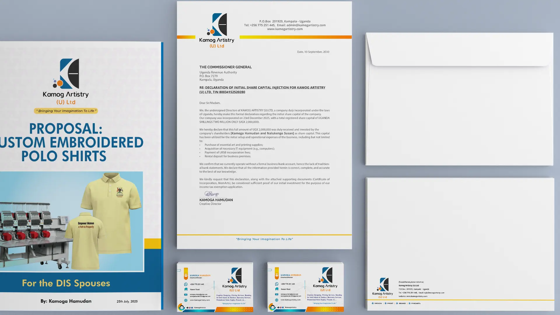 Corporate stationery and brand template system with business cards, envelope, letterhead and document cover in Kampala Uganda