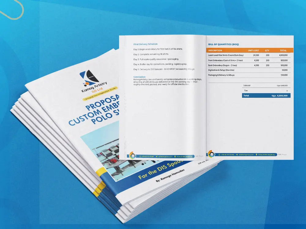 Open proposal spread with polished typography for boardroom review
