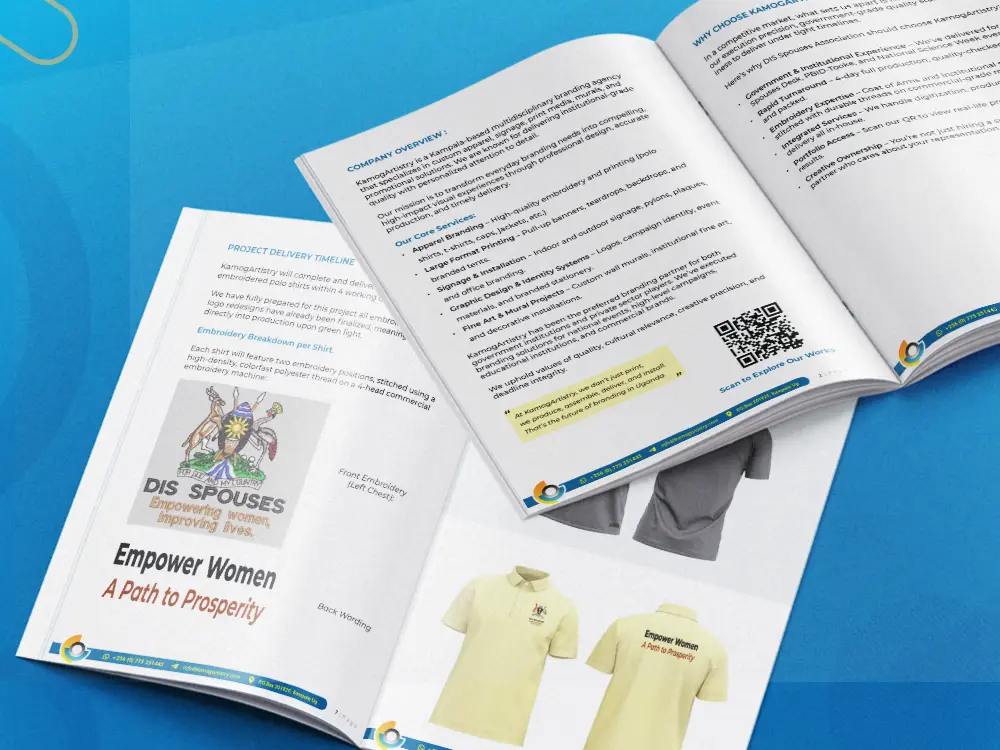 Branded proposal page system with consistent business document rhythm