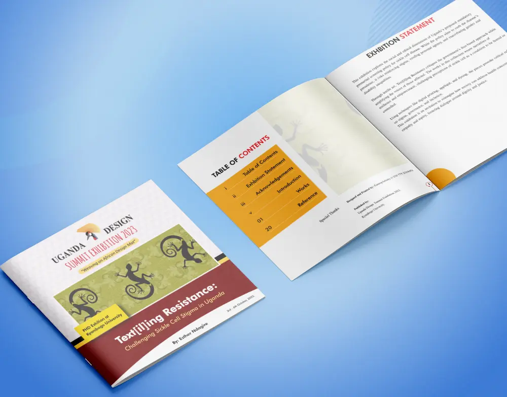 Catalogue cover and table of contents layout for Uganda Design Summit Exhibition 2025 designed in Kampala