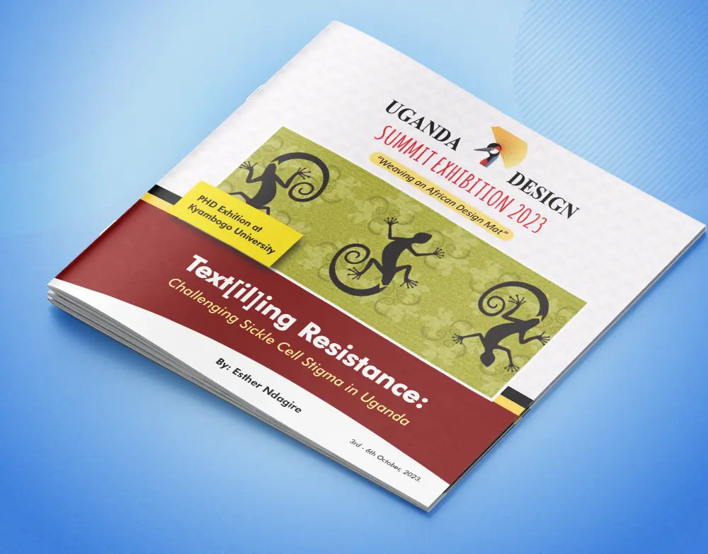 Front cover mockup of Uganda Design Summit Exhibition 2025 art exhibition catalogue with editorial publication branding