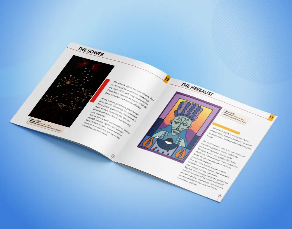 Interior art exhibition catalogue spread with artwork pages captions and structured text hierarchy