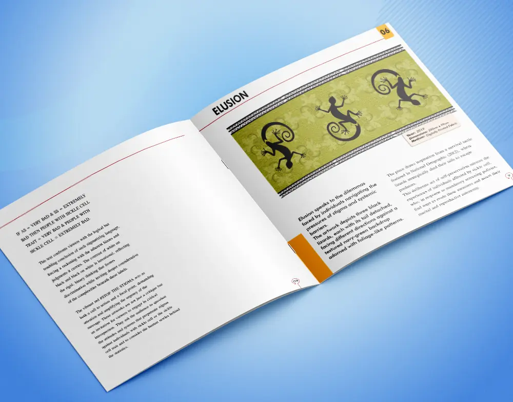 Open inside spread from Uganda Design Summit Exhibition 2025 catalogue showing article layout and image panel