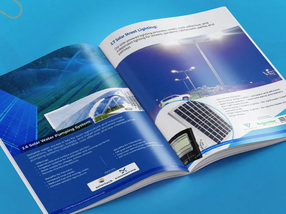 Open company profile spread with structured editorial layout and polished corporate presentation