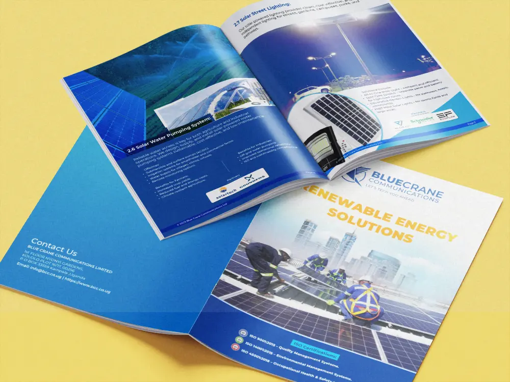 Company profile booklet presentation with cover and open spread for print review and client meetings