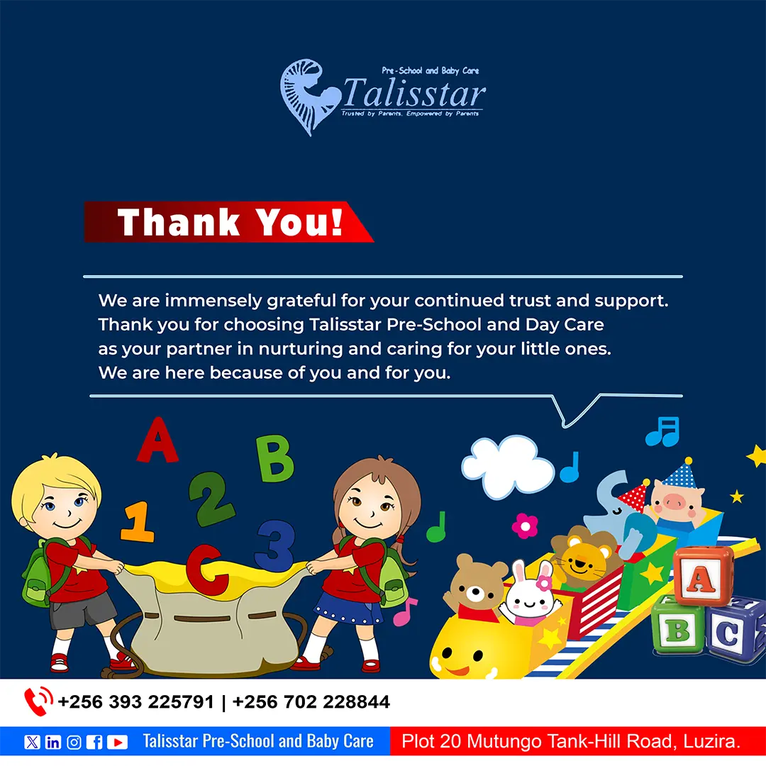 Thank you appreciation poster for Talisstar Pre-School and Day Care with colourful educational graphics