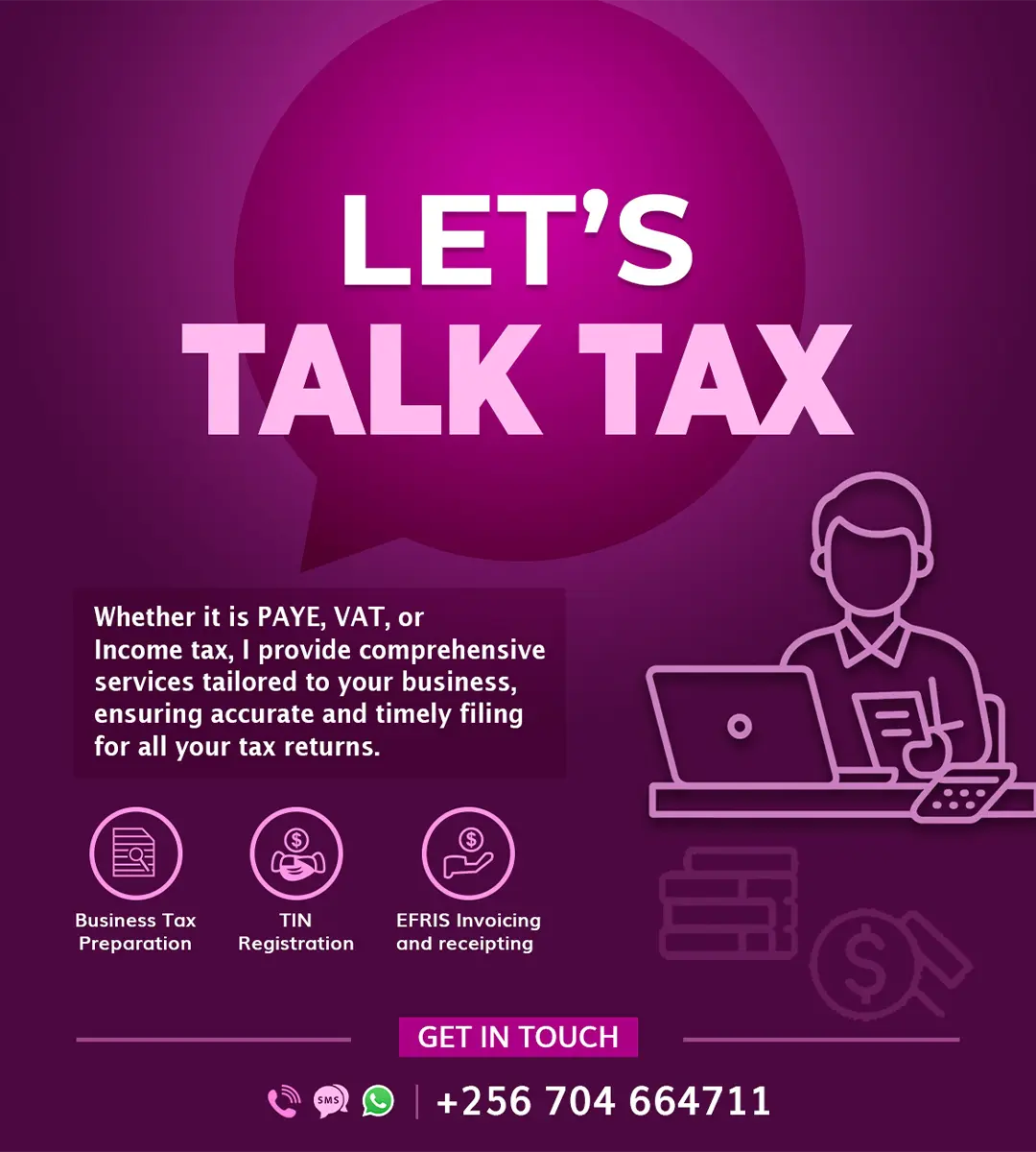 Tax services promotional poster titled Let us Talk Tax highlighting VAT PAYE and income tax advisory services