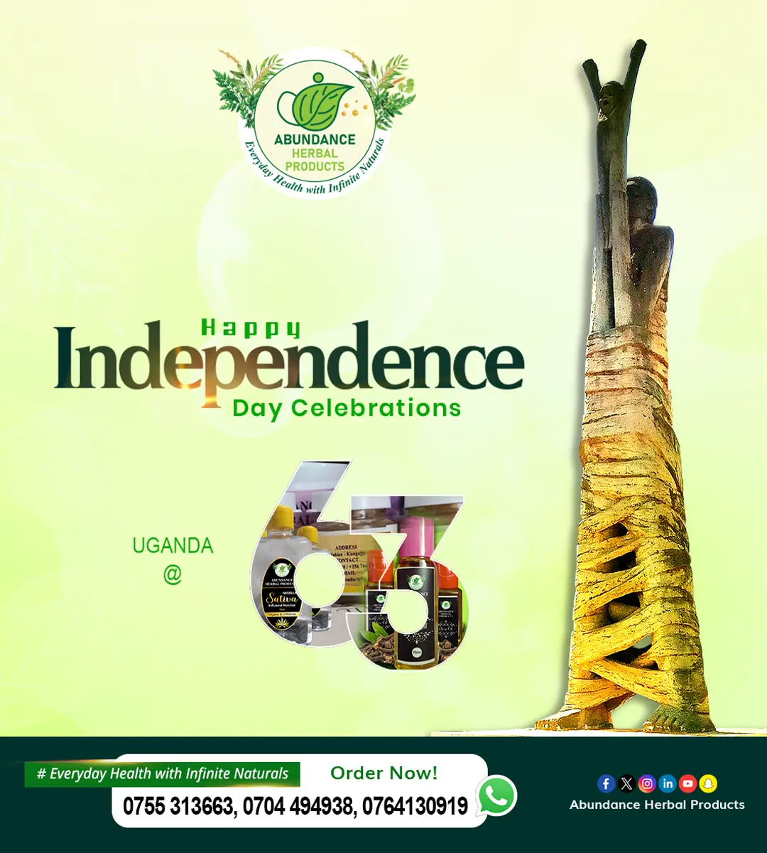 Uganda Independence Day promotional poster for Abundance Herbal Products with monument and product packaging