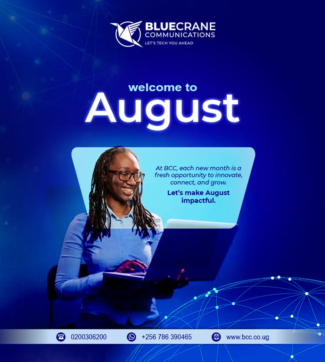 Corporate internal communication poster for BlueCrane Communications welcoming August with professional branding