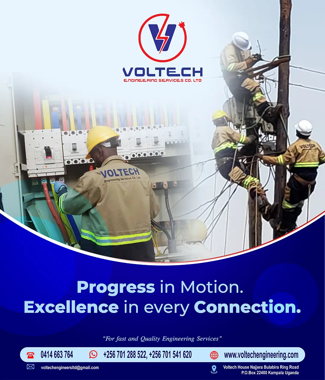 Engineering services promotional poster for Voltech showing electrical technicians and branded campaign message