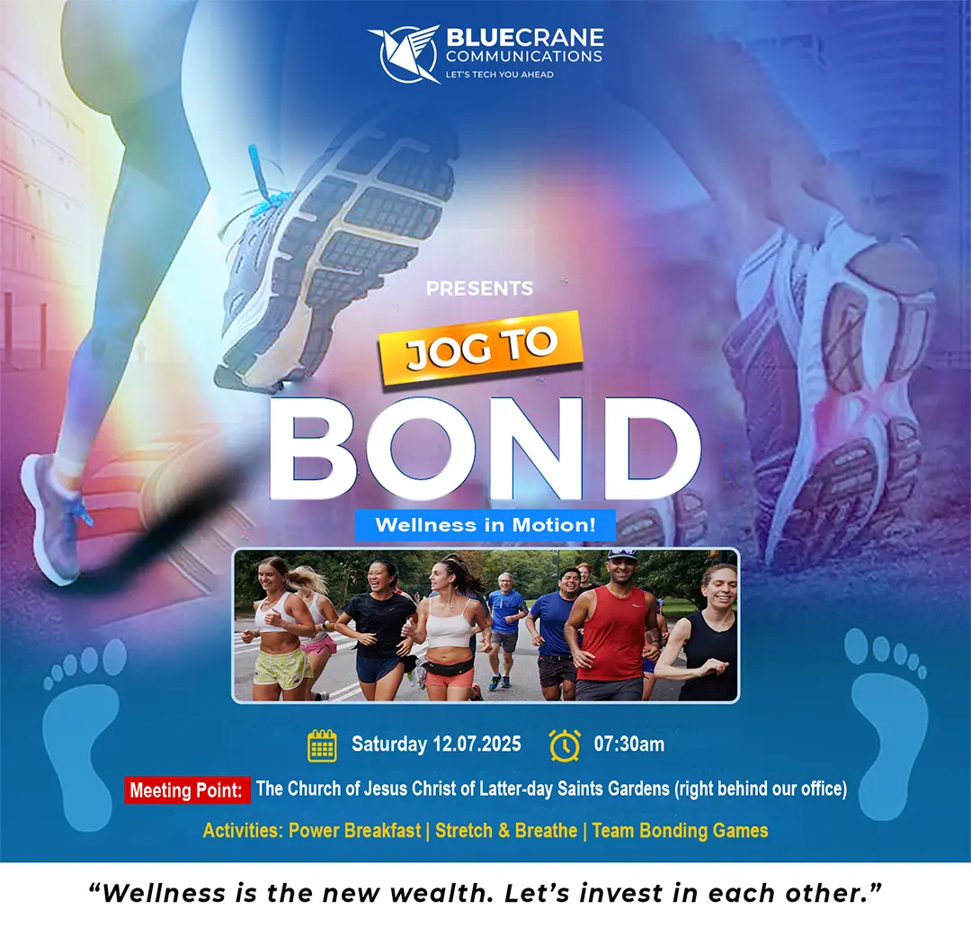 Corporate wellness event poster titled Jog to Bond by BlueCrane Communications promoting a team running activity