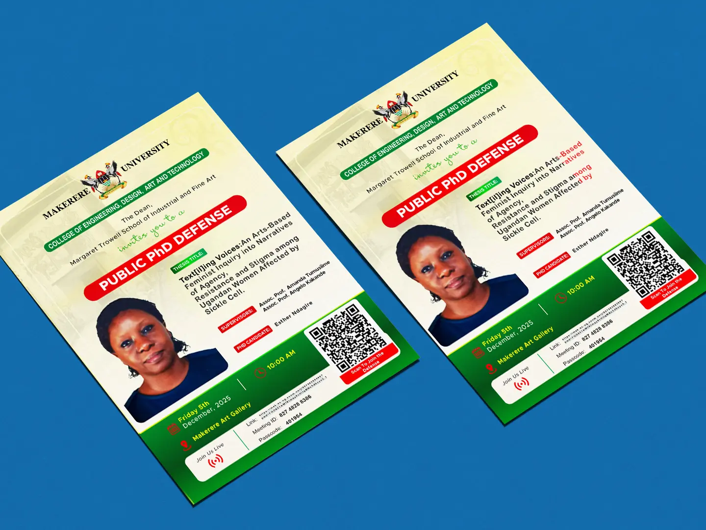 Campaign flyer layout with QR code placement and profile details for Uganda promotion
