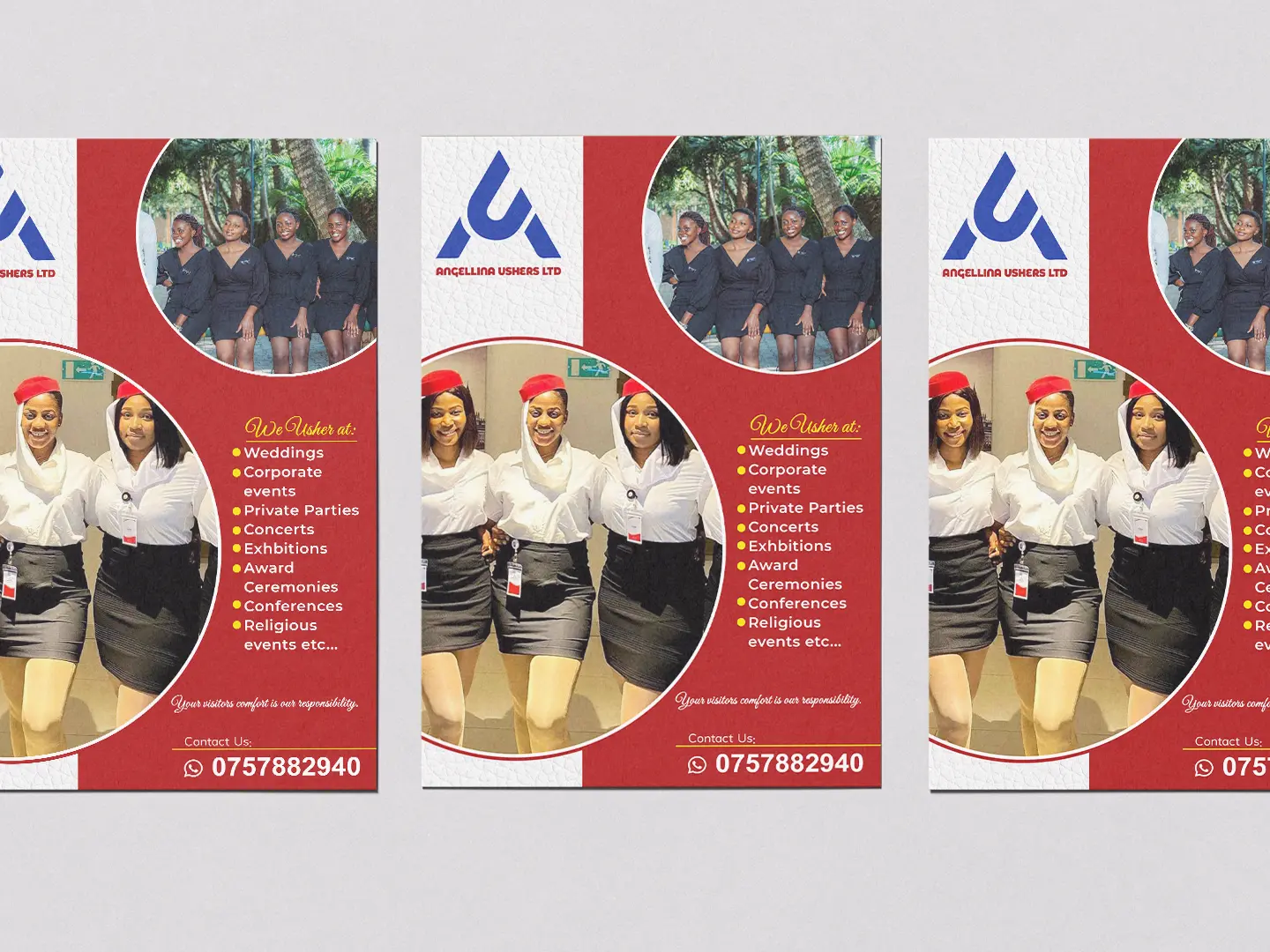 Stacked campaign flyers showing repeatable layout for field distribution in Kampala