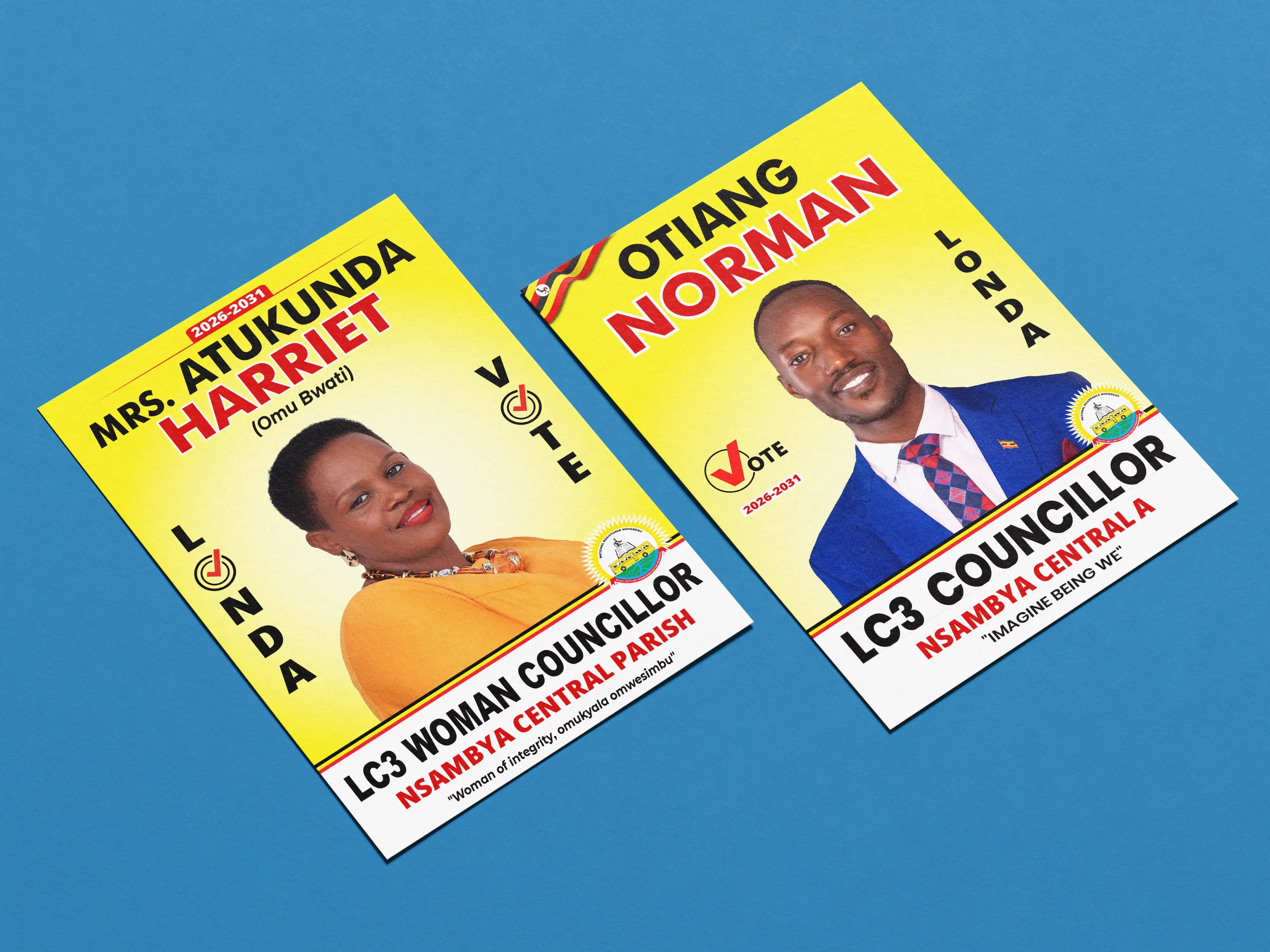 Campaign style flyer with clear names and high visibility colour contrast