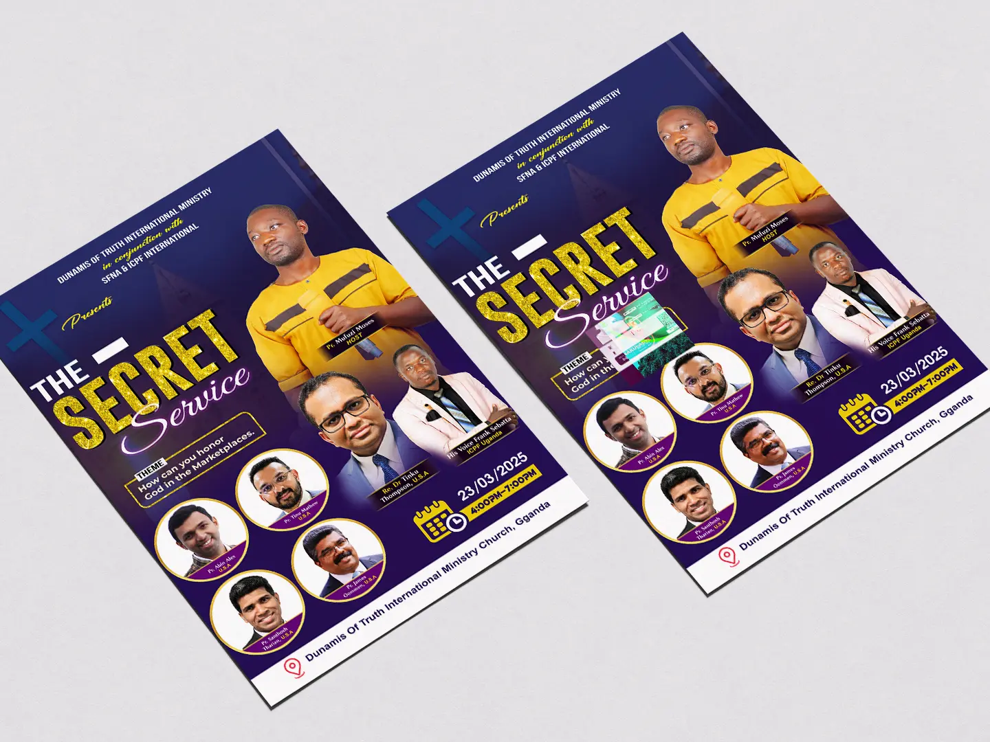 Church programme flyer with speaker images and readable schedule details