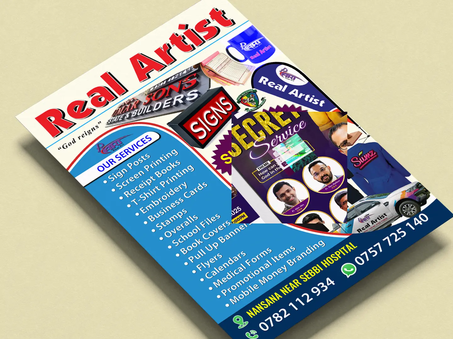 Print-ready flyer sheet with multiple promotional sections and compact hierarchy
