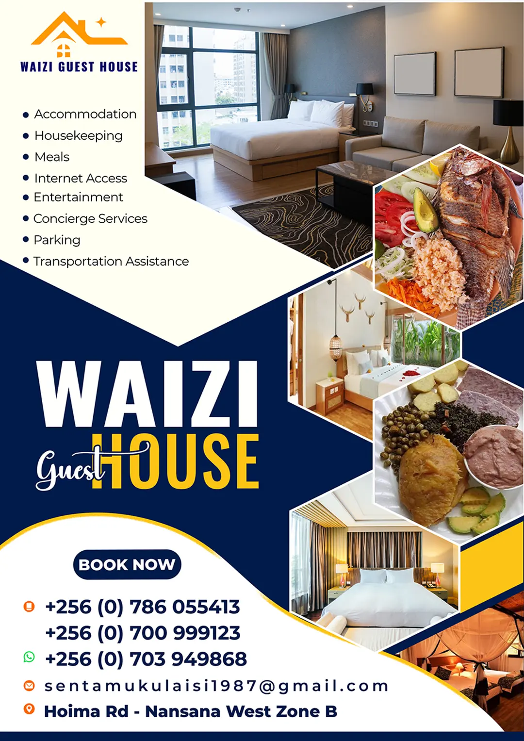 Guest house promotional poster design for hospitality marketing with room imagery services and booking contacts
