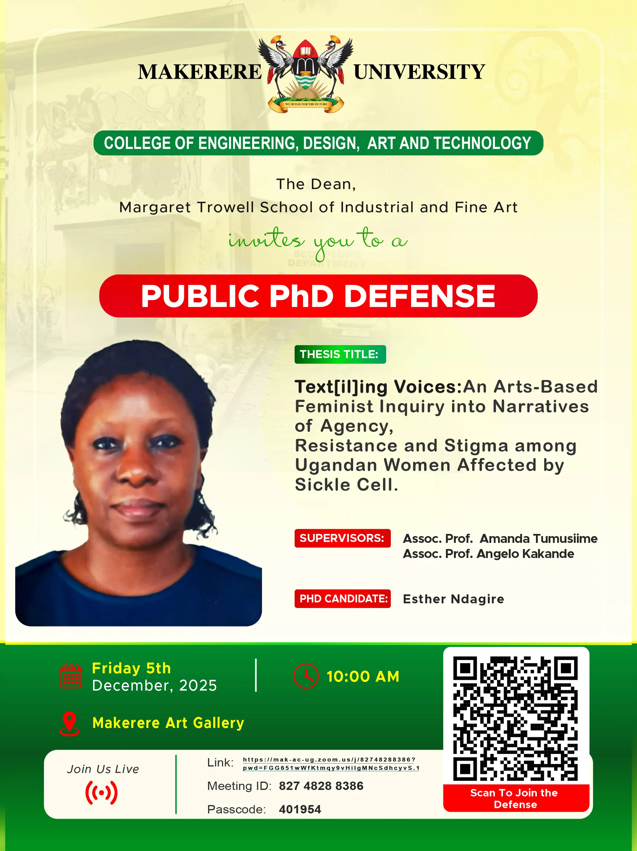 Public PhD defense poster design for Makerere University with academic event details and speaker photograph
