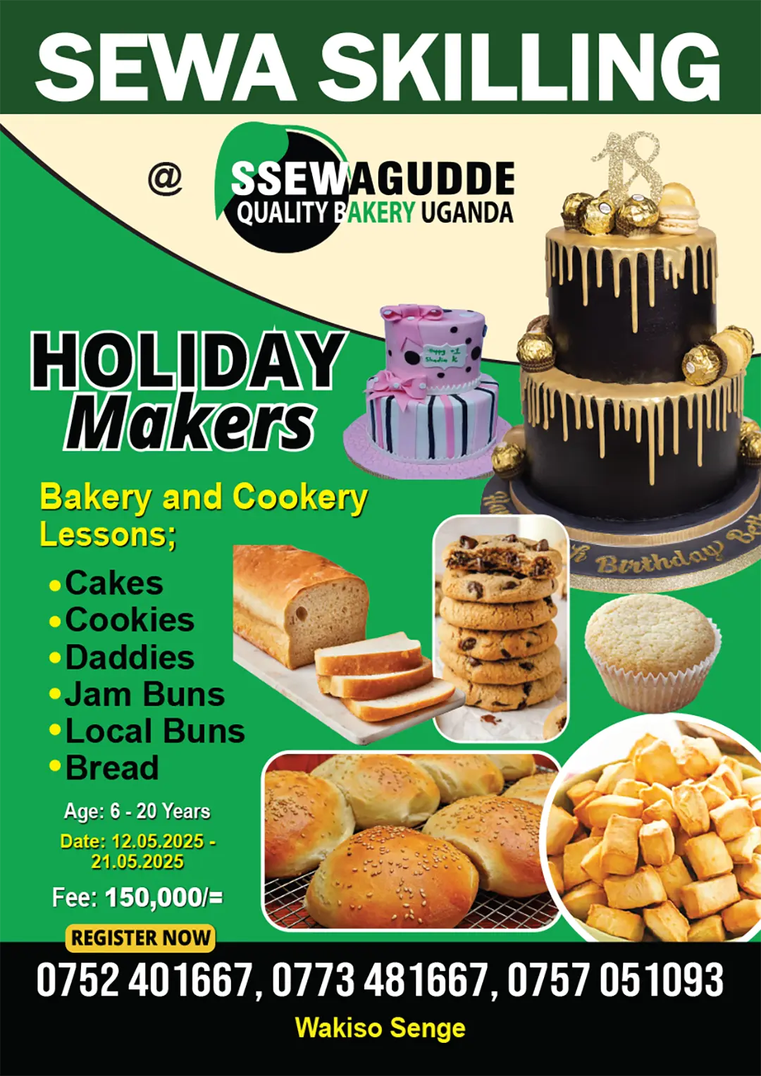 Bakery training poster design promoting holiday makers skilling classes with cakes cookies and registration details