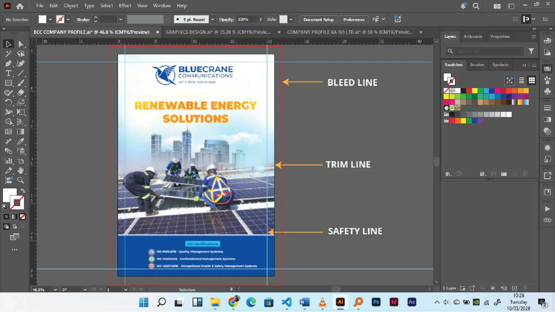 Bleed margin example showing artwork extending beyond trim line for safe commercial printing